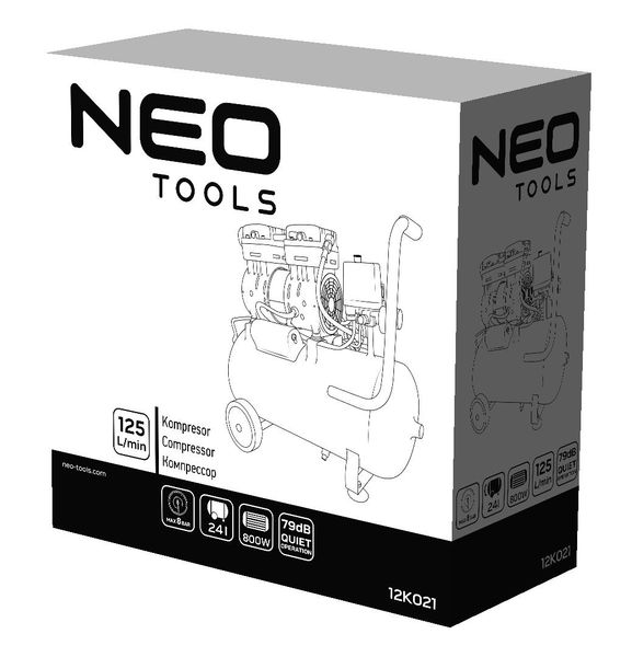 Компрессор воздушный Neo Tools, безмасляный, 800Вт, 24л, 125л/мин, 8бар, 2-х поршневой, IP20 - Уцінка 12K021 фото