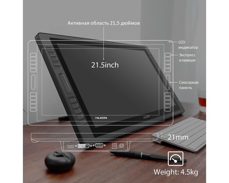 Графічний монітор Huion 21,5" Kamvas Pro 22 DP,USB,HDMI,чорний GT2201_HUION фото