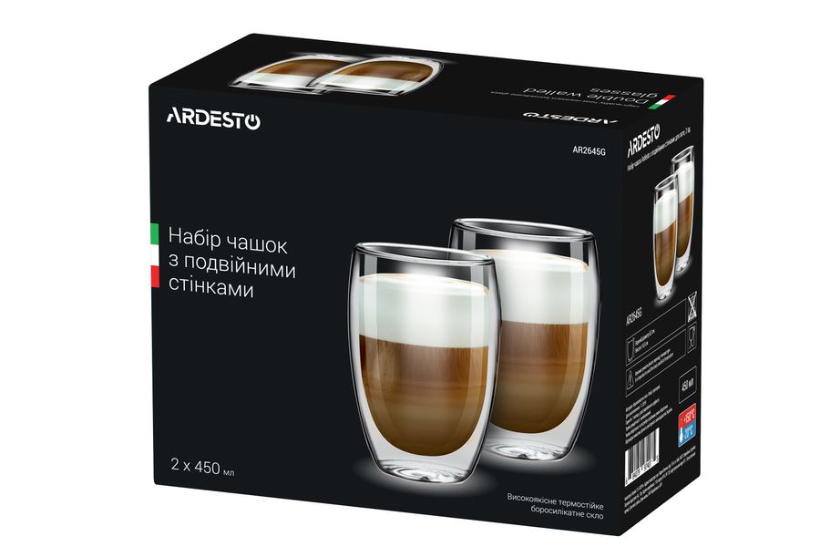 набор чашек Ardesto с двойными стенками, 450 мл, H 14,5 см, 2 ед., боросиликатное стекло (AR2645G) AR2645G фото