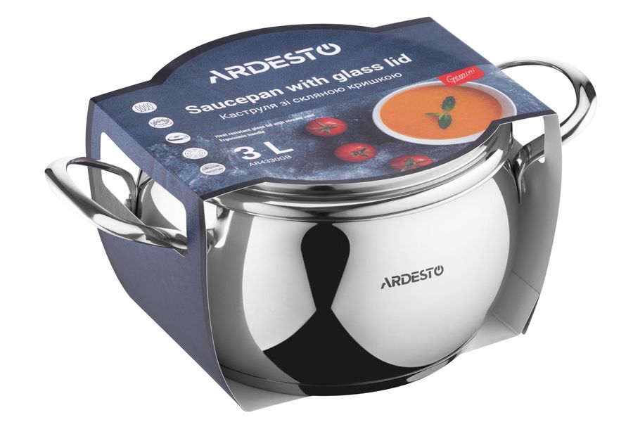 Кастрюля Ardesto Gemini Liguria, стеклянная крышка, 3.0 л, нержавеющая сталь (AR4330GB) AR4330GB фото