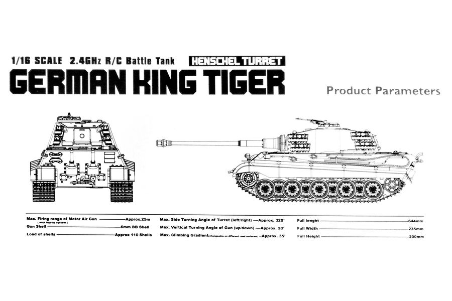 Танк на радиоуправлении 1:16 Heng Long King Tiger Henschel с пневмопушкой и и/к боем (HL3888A-1Upg) HL3888A-1Upg фото