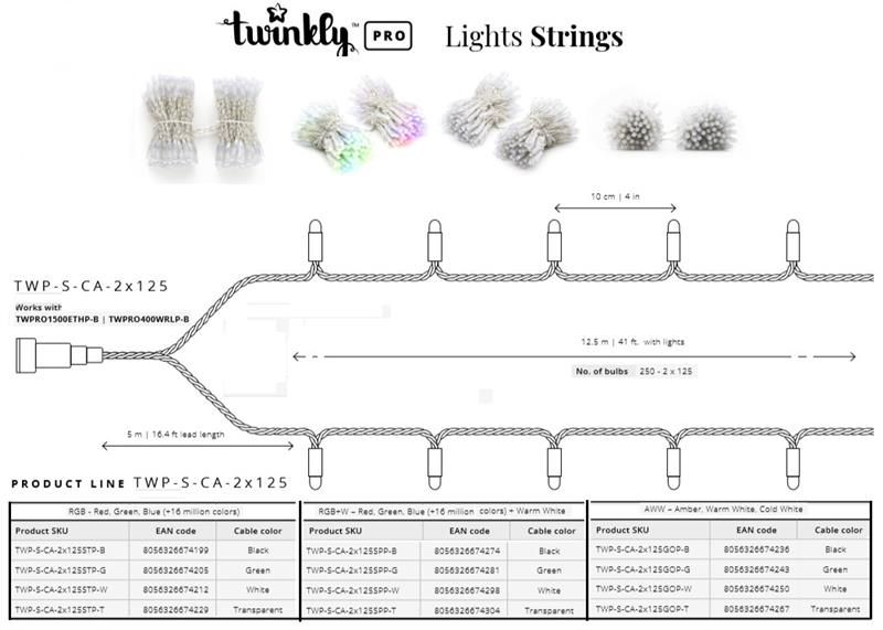 Smart LED Гірлянда Twinkly Pro Strings RGB 250, подвійна лінія, AWG22, IP65, прозорий TWP-S-CA-2X125STP-T - Уцінка TWP-S-CA-2X125STP-T фото