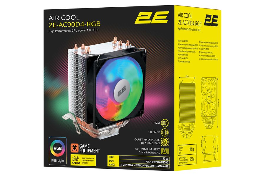 Процесорний кулер 2E Gaming Air Cool AC90D4-RGB, LGA1700, 1200, 115X, 775, AM5, AM4, AM3, AM3+, AM2, AM2+, FM2, FM1, 4pin, TDP 130W (2E-AC90D4-RGB) 2E-AC90D4-RGB фото