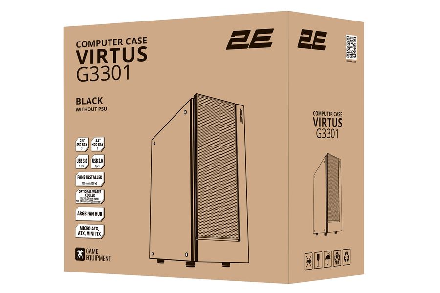 Корпус 2E Gaming Virtus G3301, без БЖ, 1xUSB 3.0, 2xUSB 2.0, 3x120mm ARGB, TG Side Panel, ATX, чорний - Уцінка 2E-G3301 фото