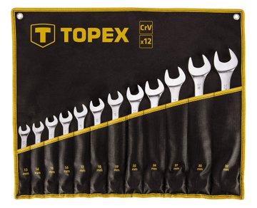Ключи гаечные TOPEX, набор 12 ед., комбинированные, 13-32 мм, CrV, чехол-скручивание (35D758) 35D758 фото