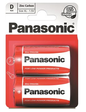 Батарейка Panasonic RED ZINK вугільно-цинкова D(R20) блістер, 2 шт. - Уцінка R20REL/2BPR фото