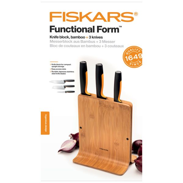 Набор ножей Fiskars Functional Form с бамбуковой подставкой, 3 шт. 1057553 - Уцінка 1057553 фото