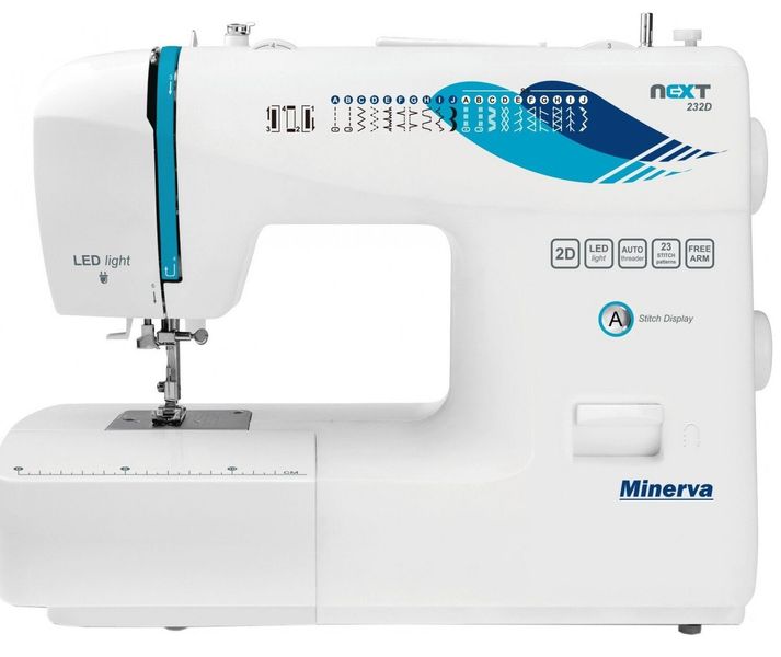 Швейная машина МИНЕРВА NEXT 232D, электромех., 85Вт, 23 шв.оп., петля полуавтомат, белый + синий NEXT232D фото