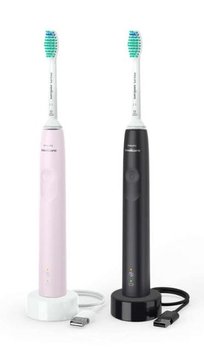 Щітка зубна елекр. Philips, Sonicare 3100 series, набір , 31т. колеб/хв, насадок-1, 2 шт в наборі, рожевий, чорний HX3675/15 фото