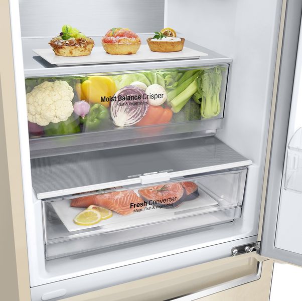 Холодильник LG з нижн. мороз., 203x60х68, холод.відд.-277л, мороз.відд.-107л, 2дв., А++, NF, інв., диспл внутр., зона св-ті, Metal Fresh, бежевий (GW-B509SENM) GW-B509SENM фото