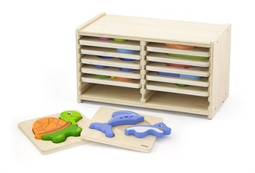 Набір дерев'яних міні-пазлів Viga Toys зі стійкою для зберігання, 12 шт. (51423) 51423 фото