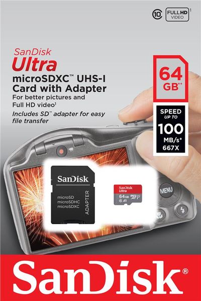 Карта пам'яті SanDisk microSD 64GB C10 UHS-I R100MB/s Ultra + SD (SDSQUNR-064G-GN3MA) SDSQUNR-064G-GN3MA фото