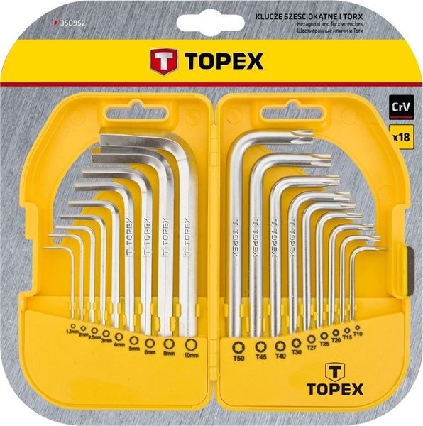 Ключі шестигранні та Torx TOPEX, набір 18 од., 1.5-10 мм, T10-T50, короткі (35D952) 35D952 фото
