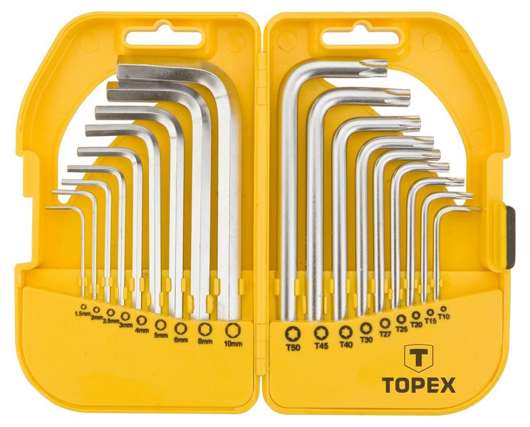 Ключі шестигранні та Torx TOPEX, набір 18 од., 1.5-10 мм, T10-T50, короткі (35D952) 35D952 фото
