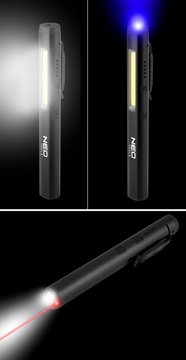 Фонарь инспекционный аккумуляторный Neo Tools, 4в1, 800мАч, 450лм, 5+3Вт, лазер, УФ лампа 365нм, IP20 (99-077) 99-077 фото