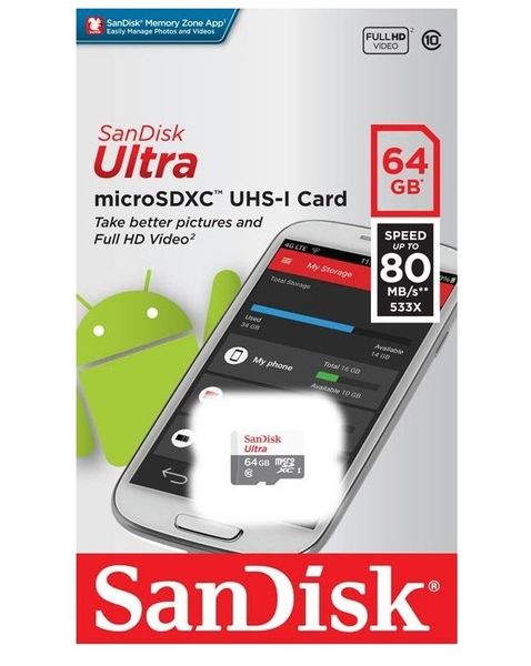 Карта пам'яті SanDisk microSD 64GB C10 UHS-I R100MB/s Ultra (SDSQUNR-064G-GN3MN) SDSQUNR-064G-GN3MN фото