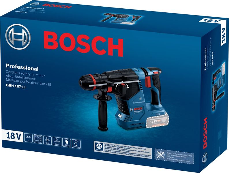 Перфоратор акумуляторний Bosch GBH 187-LI, патрон SDS-plus 24мм, 18В, 2.4Дж, 3 режими, 980об/хв, 3кг, без АКБ та ЗП 0.611.923.120 фото