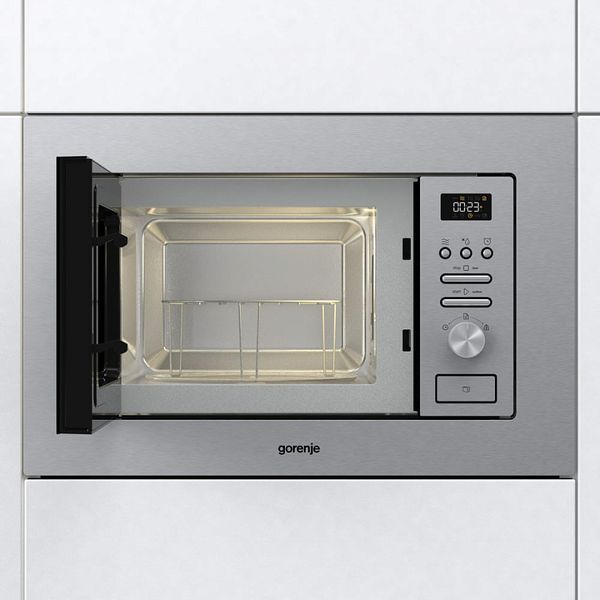 Мікрохвильова піч Gorenje вбудовувана, 20л, міх. управл., 800Вт, гриль, дисплей, інвертор, нерж (BMI201AG1X) BMI201AG1X фото