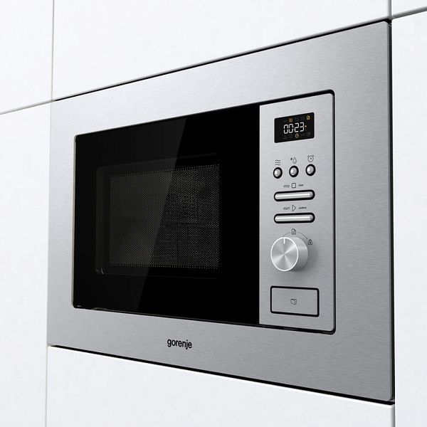 Мікрохвильова піч Gorenje вбудовувана, 20л, міх. управл., 800Вт, гриль, дисплей, інвертор, нерж (BMI201AG1X) BMI201AG1X фото