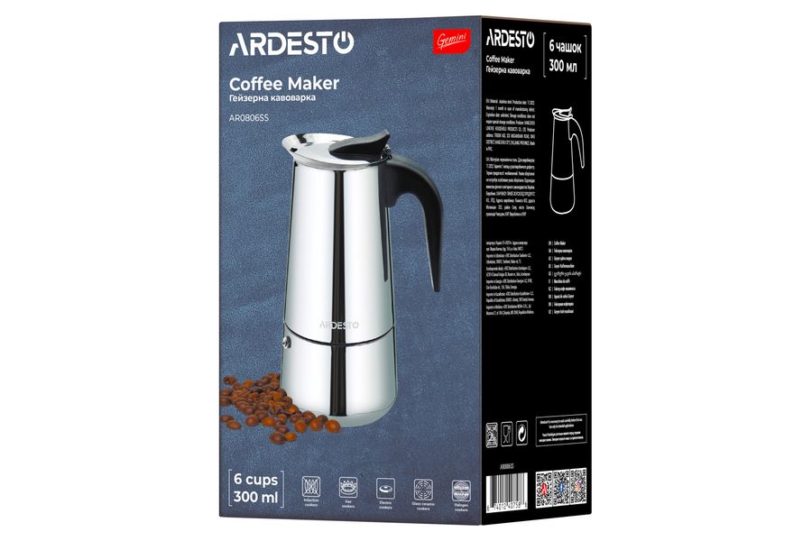 Гейзерная кофеварка Ardesto Gemini Apulia, 6 чашек, нержавеющая сталь. (AR0806SS) AR0806SS фото