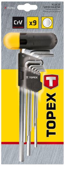 Ключі шестигранні TOPEX, набір 9 од., 1.5-10 мм, рукоятка для ключів, довгі (35D962) 35D962 фото