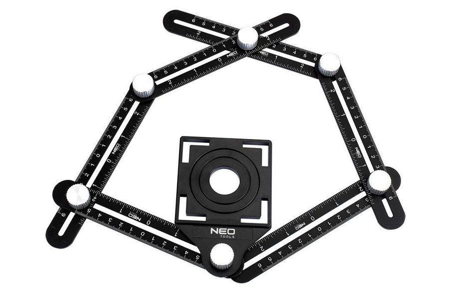 Лінійка NEO кутова, алюміній, 6 плечей шкалою 0-6 см, отвори у шаблоні 2.5/4/4.5 см (72-351) 72-351 фото