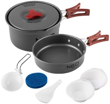 Набір туристичного посуду Neo Tools, 7в1, каструля, сковорода, 2 тарілки, половник, лопатка, губка, сертифікат LFGB, 0.42кг 63-146 фото