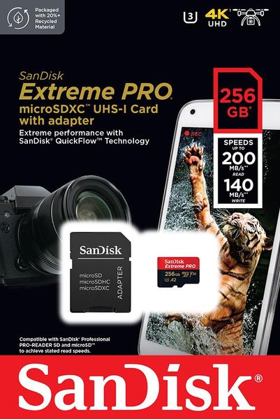 Карта пам'яті SanDisk microSD 256GB C10 UHS-I U3 R200/W140MB/s Extreme Pro V30 + SD (SDSQXCD-256G-GN6MA) SDSQXCD-256G-GN6MA фото