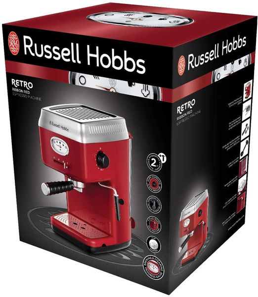 Кофеварка Russell Hobbs рожковая Retro, 1.1л, молотая, капучинатор, красный (28250-56) 28250-56 фото