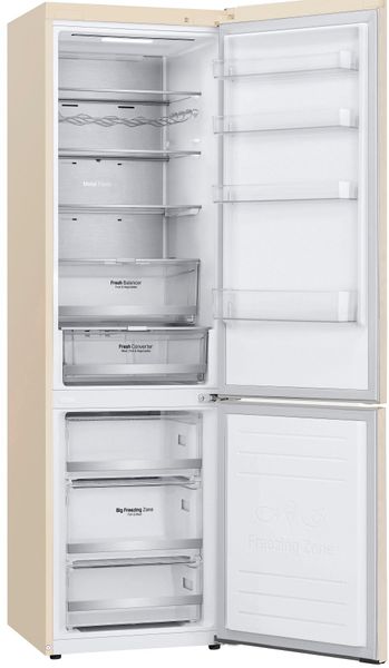 Холодильник LG з нижн. мороз., 203x60х68, холод.відд.-277л, мороз.відд.-107л, 2дв., А++, NF, інв., диспл зовн., зона св-ті, Metal Fresh, бежевий (GW-B509SEUM) GW-B509SEUM фото