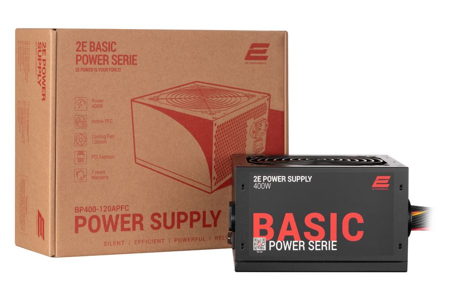 Блок живлення 2E Basic Power (400W), 80%, 120mm, 1xMB 24pin(20+4), 1xCPU 8pin(4+4), 3xMolex, 4xSATA, 1xPCIe 8pin(6+2) (2E-BP400-120APFC) 2E-BP400-120APFC фото