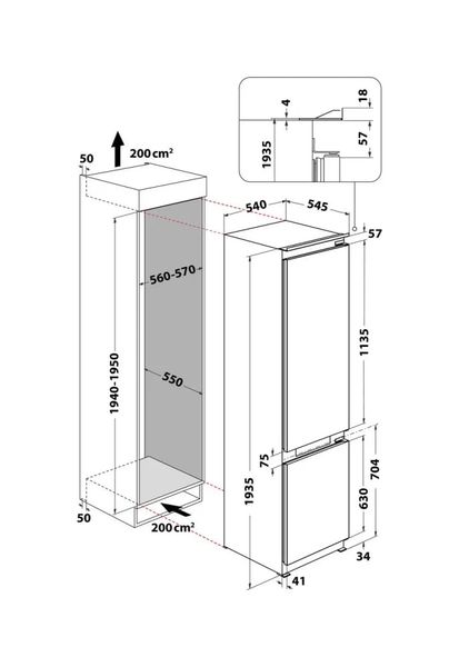 Холодильник Hotpoint вбуд. з нижн. мороз., 193,5x54х54, холод.відд.-212л, мороз.відд.-68л, 2дв., А+, NF, інв., зона нульова, білий HAC20T321 фото