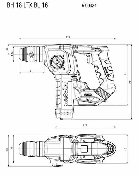 Перфоратор Metabo BH 18 LTX BL 16 акумуляторний, 18В, SDS-plus, 1.3Дж, 2 режими, 0-730об/хв, 1.6кг, без АКБ та ЗП (600324850) 600324850 фото