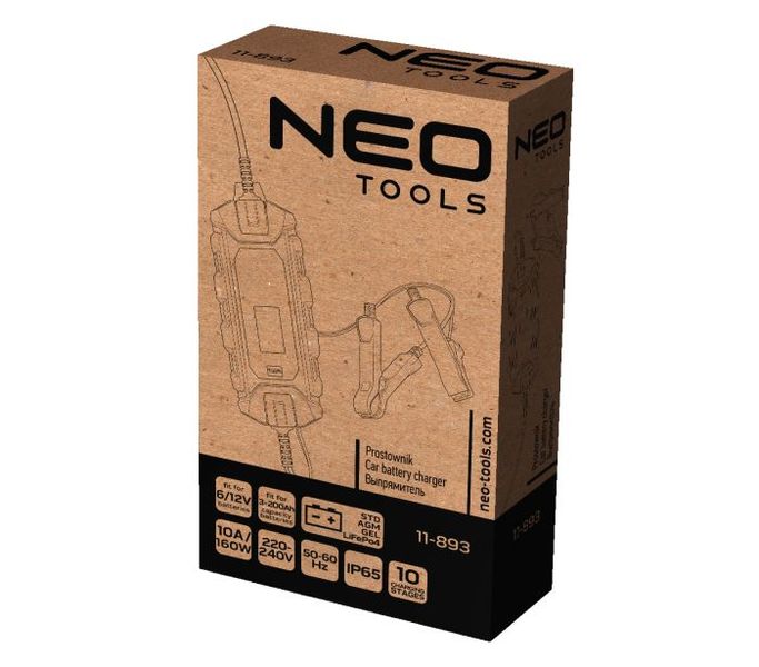 Зарядний пристрій Neo Tools, 10А/160Вт, 3-200Аг, для STD/AGM/GEL/LiFePO4 акумуляторів 11-893 фото