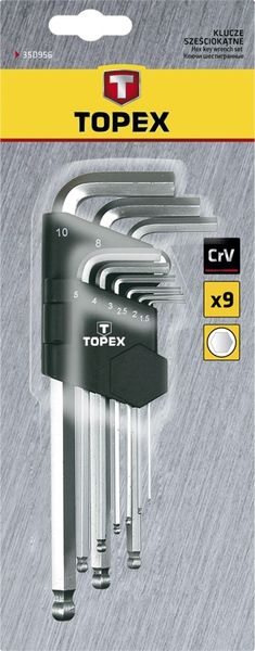 Ключі шестигранні TOPEX, набір 9 од., 1.5-10 мм, кулястий наконечник, довгі (35D957) 35D957 фото