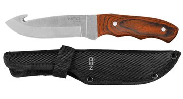 Нож тактический Neo Tools, 240мм, лезвие 130мм, деревянная ручка, 3Cr13, лезвие с атласным покрытием, нейлоновый чехол (63-116) 63-116 фото