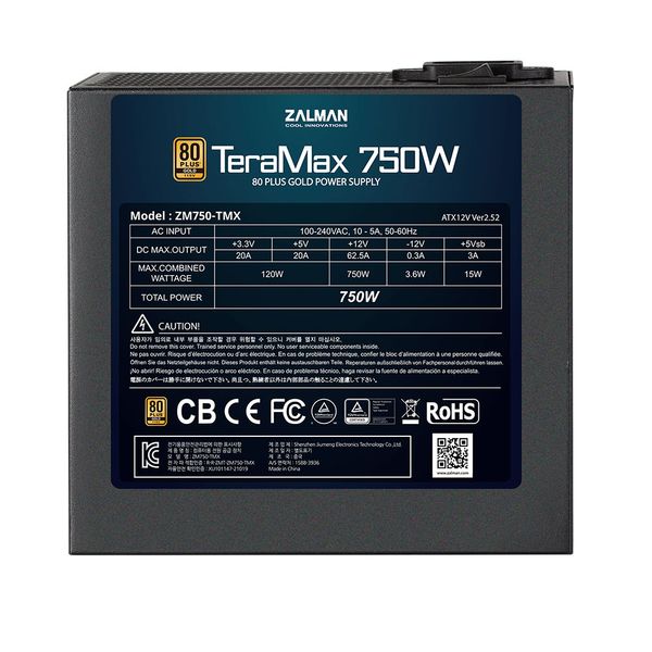 Блок живлення Zalman Teramax (750W) >90%, 80+ Gold, 120mm, 1xMB 24pin(20+4)+10pin, 2xCPU 8pin(4+4), 3xMolex, 8xSATA, 4xPCIe 8pin(6+2), Fully Modular (ZM750-TMX) ZM750-TMX фото