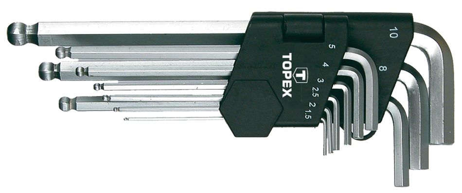 Ключі шестигранні TOPEX, набір 9 од., 1.5-10 мм, кулястий наконечник, довгі (35D957) 35D957 фото