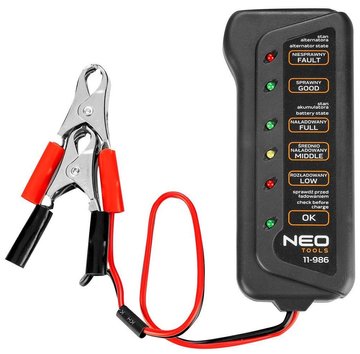 Тестер аккумулятора Neo Tools, 12В, 2 зажима типа "крокодил" 11-986 фото