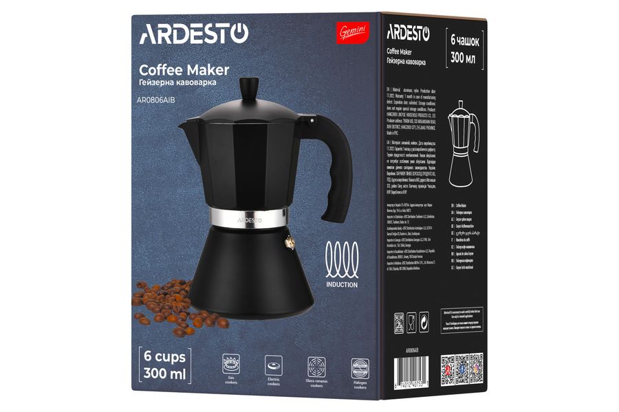 Гейзерна кавоварка Ardesto Gemini Trento, 6 чашок, чорний, алюміній (AR0806AIB) AR0806AIB фото