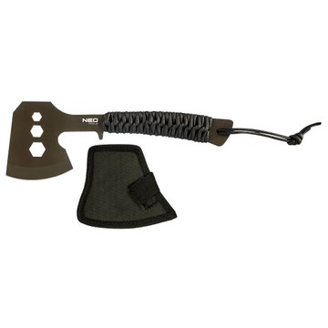 Сокира універсальна Neo Tools, рукоятка сталева з паракордом, 3 отвори для відкручування гвинтів M10, M13, M16, нейлоновий чохол, 26см, 266г 63-118 фото
