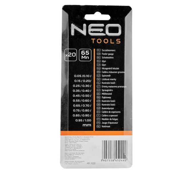Щупи вимірювальні Neo Tools, набір 20 пластин, 0.05-1.0мм (11-191) 11-191 фото