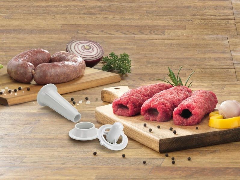 Мясорубка Gorenje, 1800Вт, продук.-2.1кг/мин, 2 решетки+для ковб.,кеббе, 3 терок, насадка для томатов, пластик+металл, белый - Уцінка MG1802SJW фото