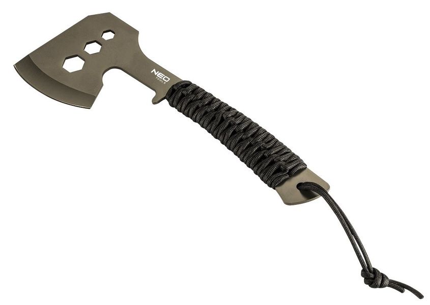 Сокира універсальна Neo Tools, рукоятка сталева з паракордом, 3 отвори для відкручування гвинтів M10, M13, M16, нейлоновий чохол, 26см, 266г (63-118) 63-118 фото