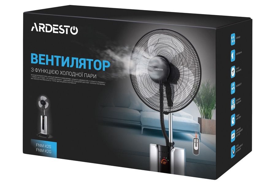 Вентилятор напольный Ardesto , 100 Вт, с функцией холодного пара, дисплей, таймер, пульт ДУ, черный-серебро FNM-X2S фото