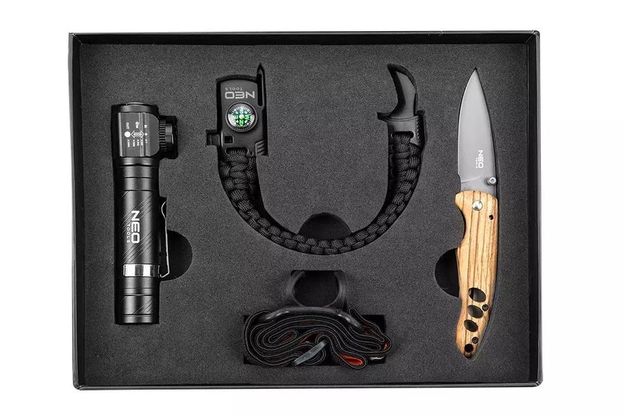 Подарунковий набір Neo Tools (ліхтар 99-026, туристичний браслет 63-140, складний ніж) (63-033) 63-033 фото