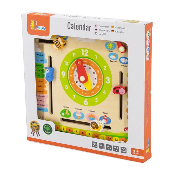 Деревянный календарь Viga Toys с часами, на английском языке (44538) 44538 фото