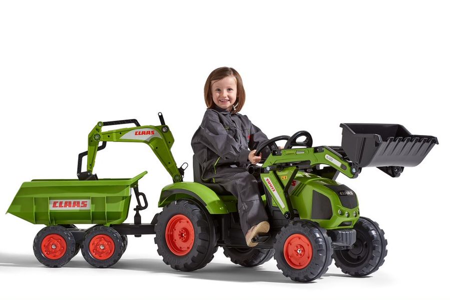 Детский трактор на педалях с прицепом, передним и задним ковшами Falk CLAAS AXOS (цвет – зеленый) (1010W) 1010W фото