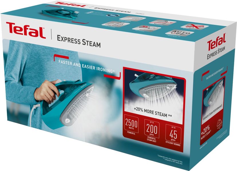 Праска Tefal Express Steam, 2500Вт, 270мл, паровий удар -200гр, постійна пара - 45гр, керам. підошва, бірюзовий (FV2867E0) FV2867E0 фото