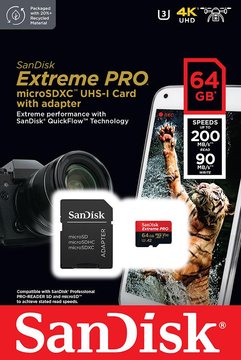 Карта памяти SanDisk microSD 64GB C10 UHS-I U3 R200/W90MB/s Extreme Pro V30+SD (SDSQXCU-064G-GN6MA) SDSQXCU-064G-GN6MA фото